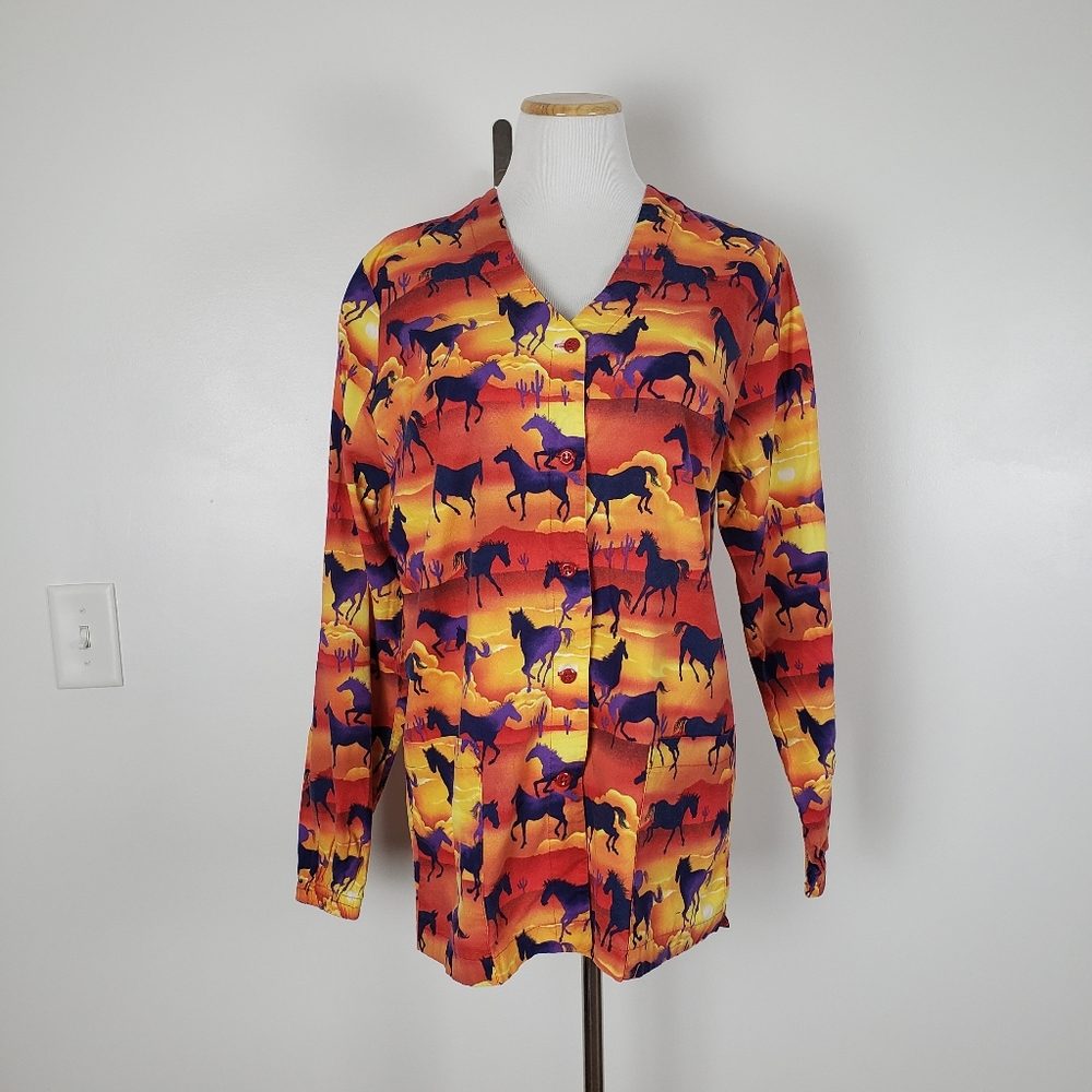 Vintage vtg colorful horse scrub jacket women's S sunset equestrian western fun